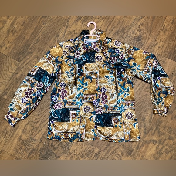 Vintage polyester button up collared shirt long puff sleeve floral design sz14 - Picture 1 of 16